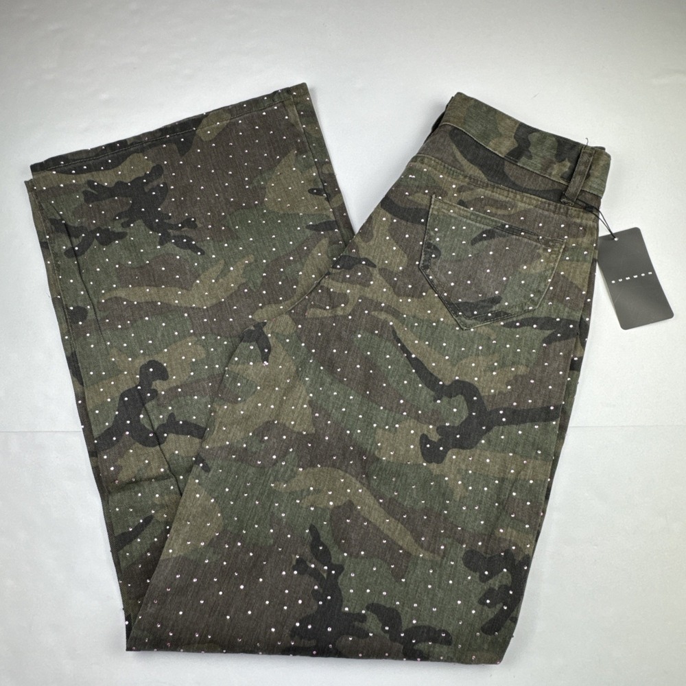 Sumwon Women Camo Pants 27 Cotton Rhinestone Y2K Wide Leg High‎ Rise Streetwear